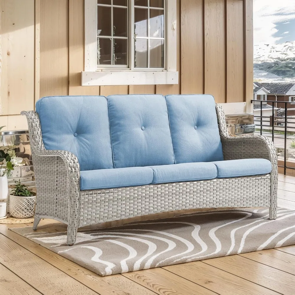 Sofa Couch Wicker Furniture 3-Seater Rattan Sofa Patio Furniture Set with Washable 4“ Baby Blue Cushions