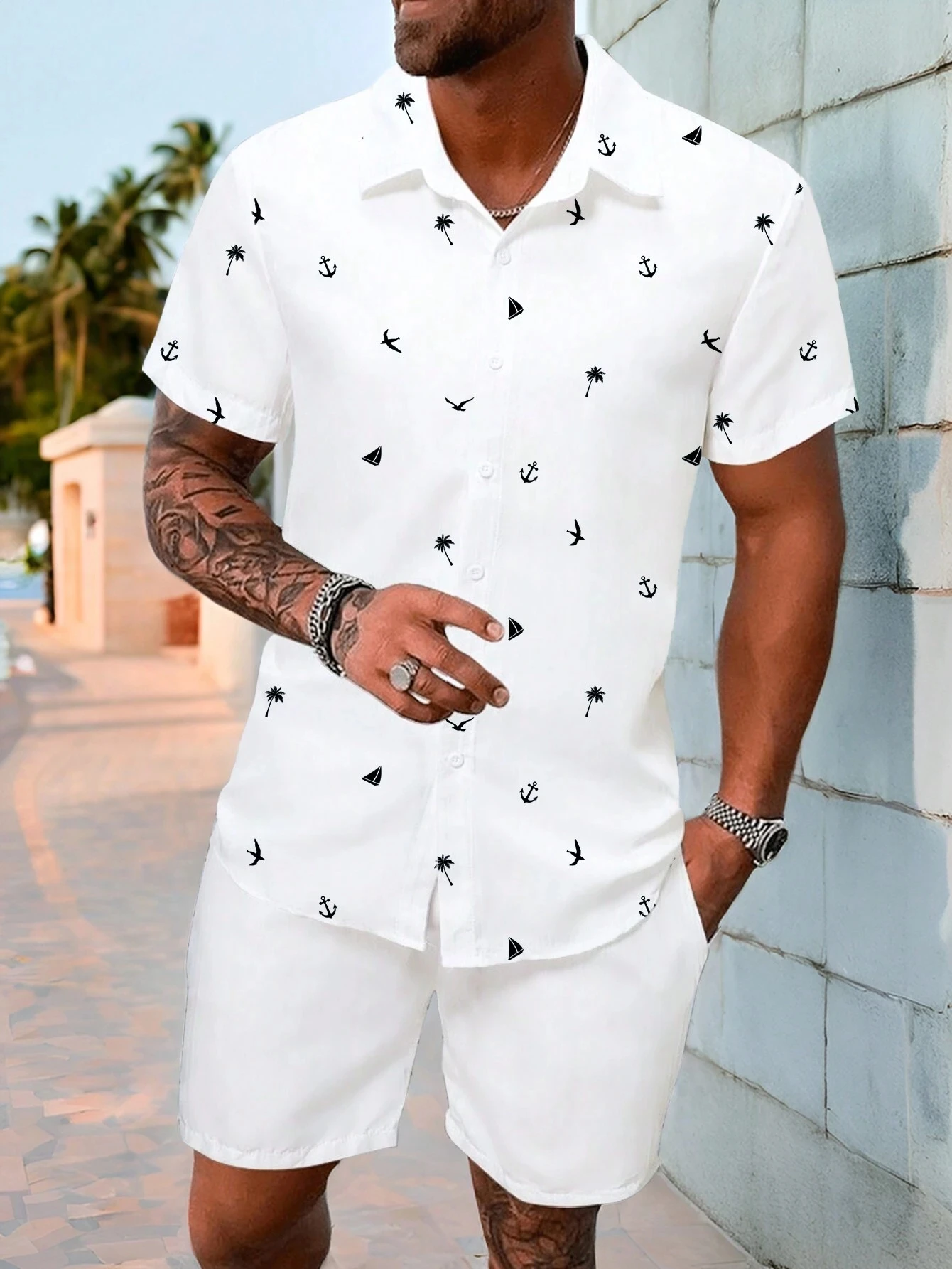 

2025 Мужская гавайская одежда из 2 предметов, летний пляжный комплект, рубашки с короткими рукавами и шорты с цветочным принтом, быстросохнущие пляжные шорты S-5XL