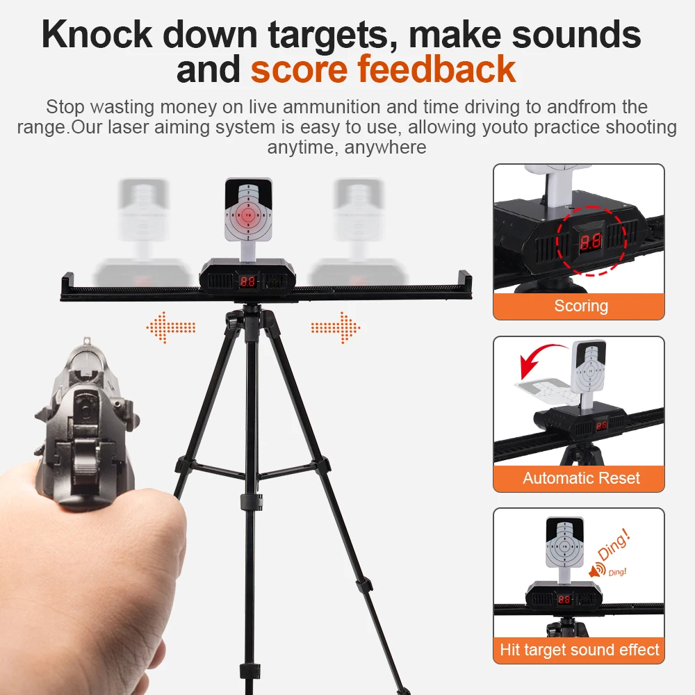 

Лазерный тренажер для сухой стрельбы и набор движущихся мишеней 9 мм/380ACP/223Rem/12GA: мгновенная обратная связь о попадании, Type-C, с выдвижной подставкой.