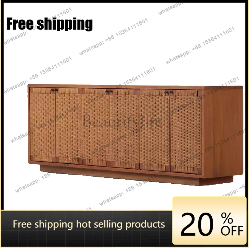 hot   Danish medieval solid wood dining side cabinet retro rattan oak living room locker simple bedroom storage cabinet