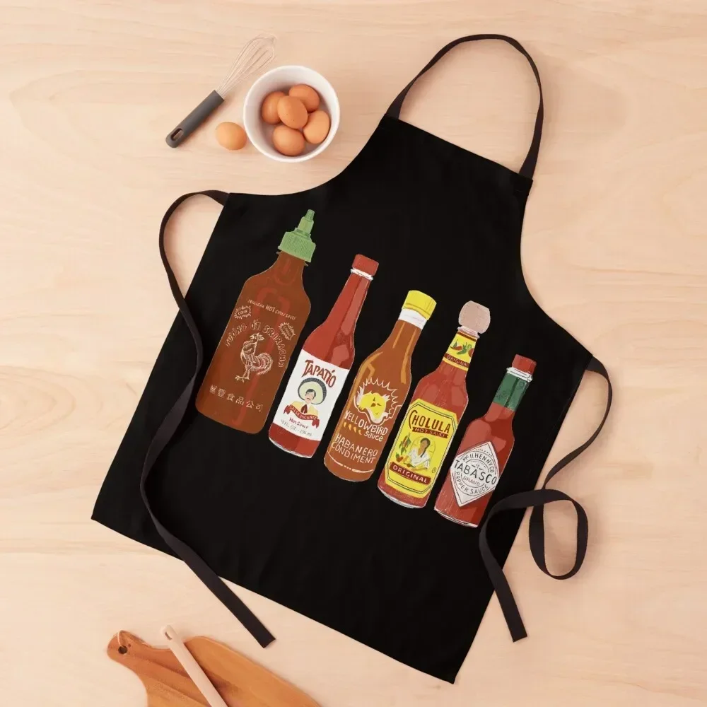 Spicy! Check out these hot sauces on black background Apron Funny Chef jacket men Manicurists Apron