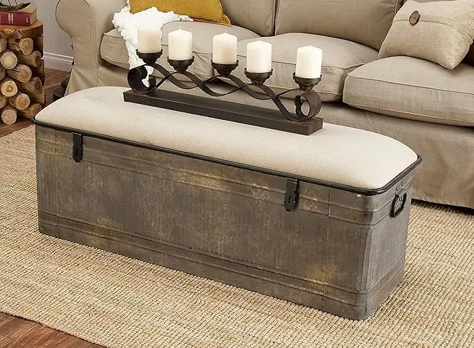 Deco 79 Metal Room Storage Bench Galvanized Entryway Bench with Cream Burlap Top Bench 50