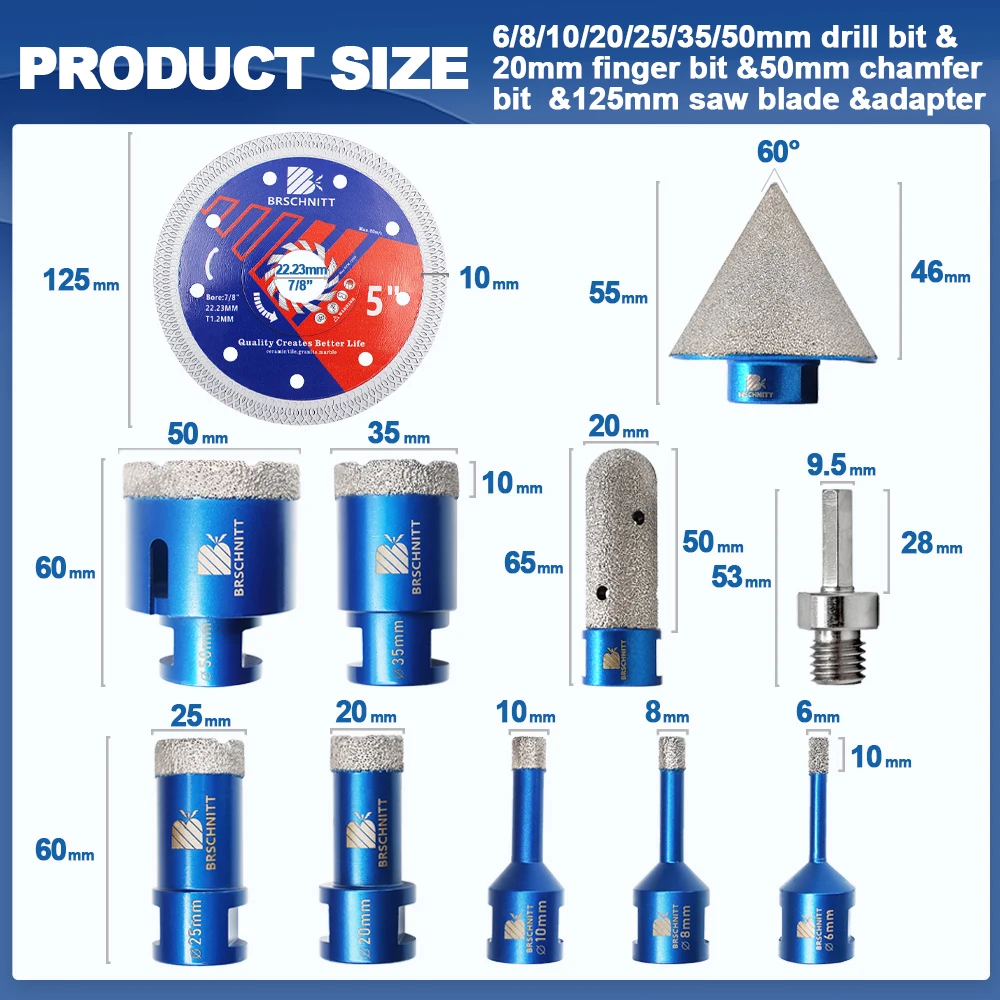 BRSCHNITT Kit de brocas de perfuração de diamante Cortador de azulejos para perfuração de cerâmica, mármore, granito, serra de broca, disco de corte