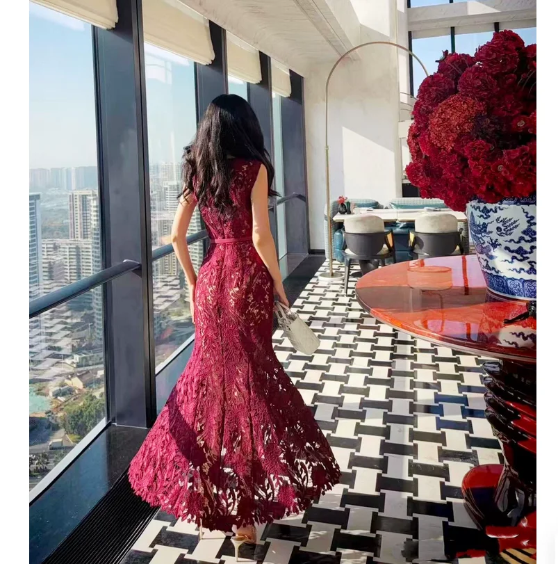 Spring and summer new embroidered lace fishtail dress slim fit dress
