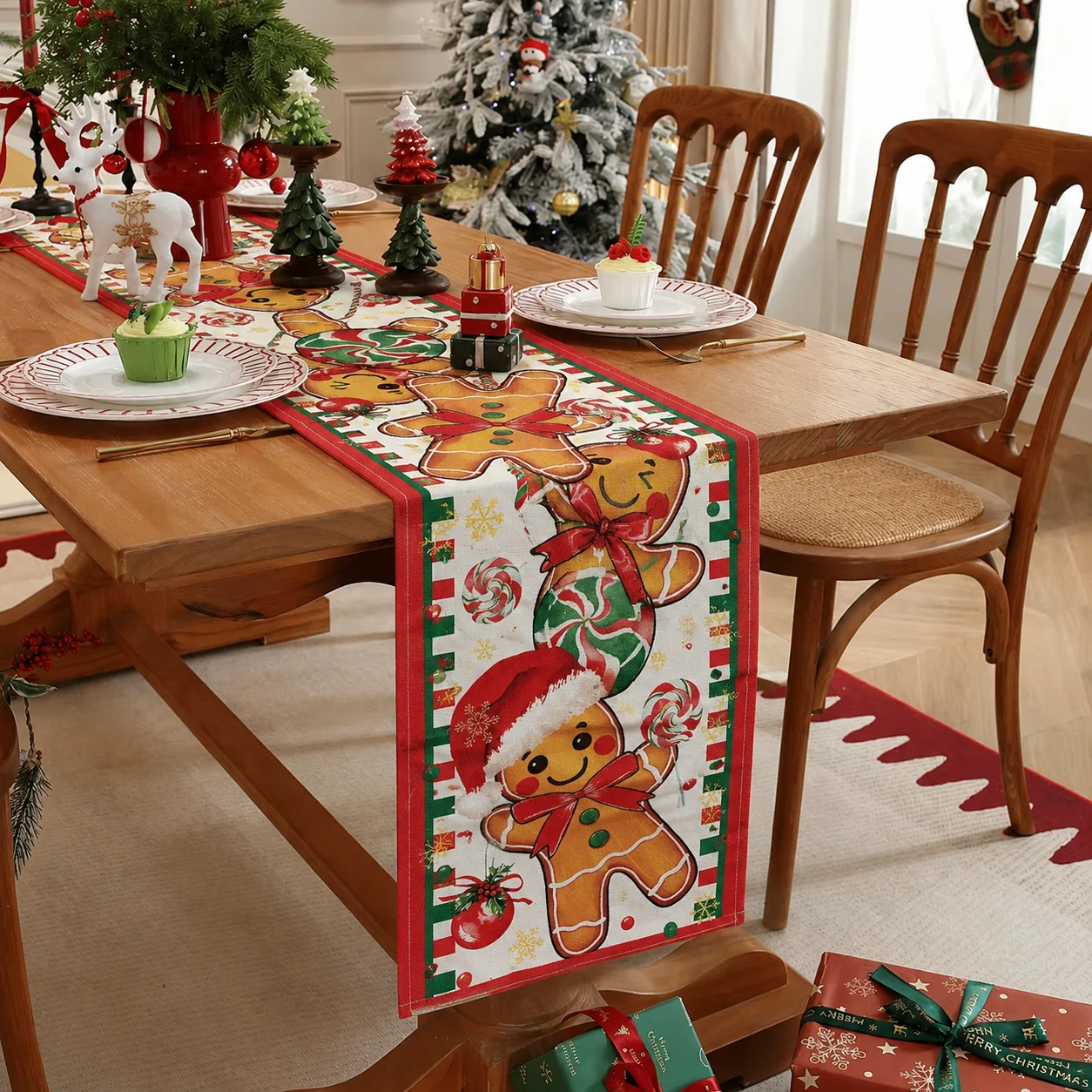 Christmas Table Runner Gingerbread Candy Cane Peppermint Xmas Holiday Dining Table Decor Kitchen Party Winter Home Decoration