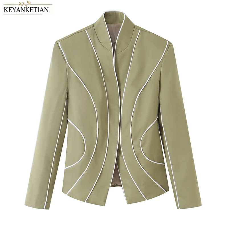 KEYANKETIAN 2026 Designer Stand Collar Women Blazer Contrast White Piping Curved Seam Slim Fit Open Front Jacket Outerwear Top