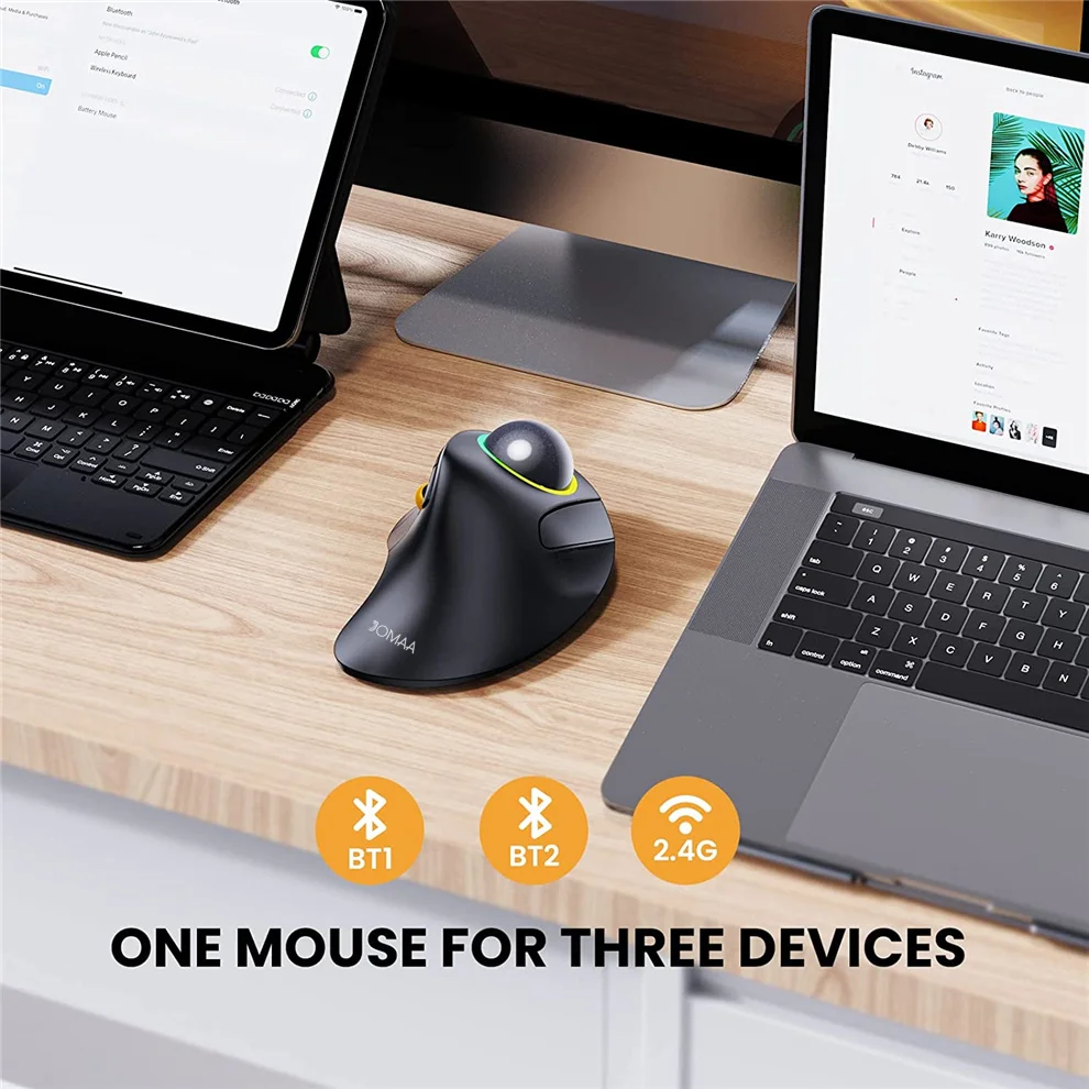Ergonomic Bluetooth/2.4G Wireless Trackball Mouse with RGB Backlit,Rechargeable 1600DPI Optical Mice for PC/Laptop/Tablet-Black