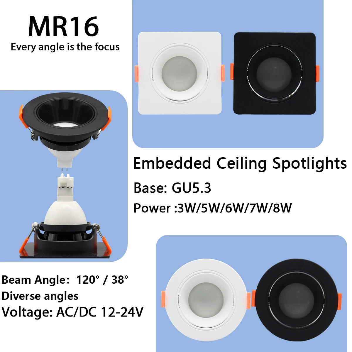 

10PCS Square Embedded Ceiling Spot Light AC DC 12V 6W Kit Adjustable White Black Round Light Kit Gu5.3 Base Cearmic Lamp Holder