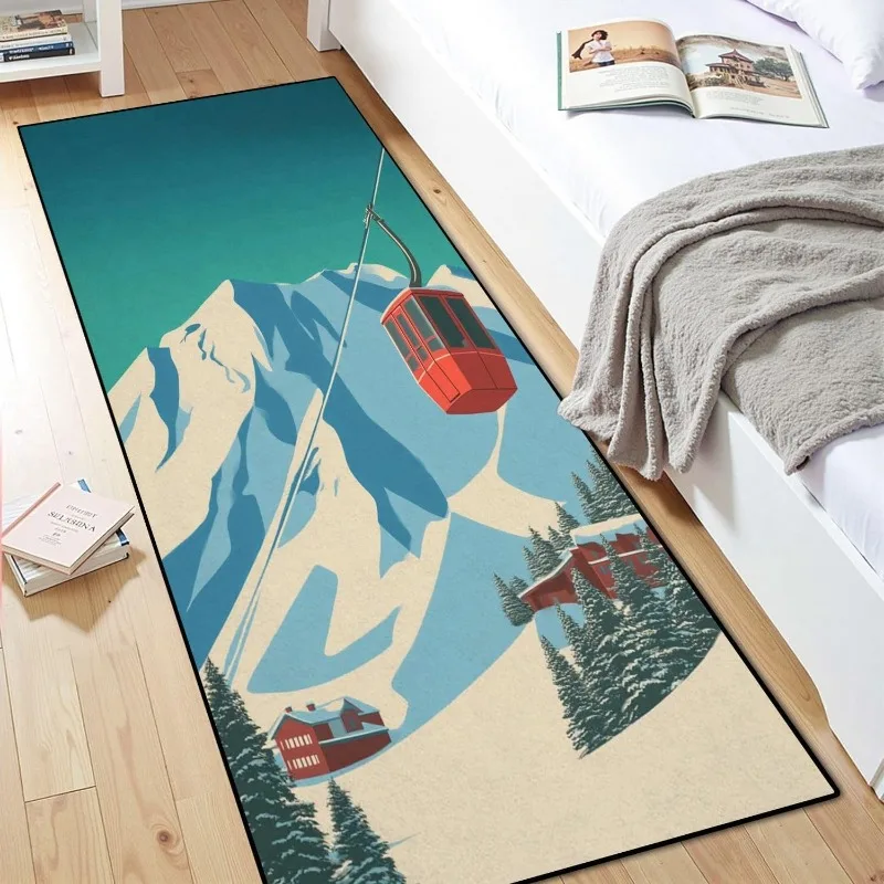 Vintage Ski Lift Runner Rug Mountain Pattern Weiche, rutschfeste Bodenmatte im modernen Illustrationsstil, Heimdekoration, Teppich für Wohnzimmer