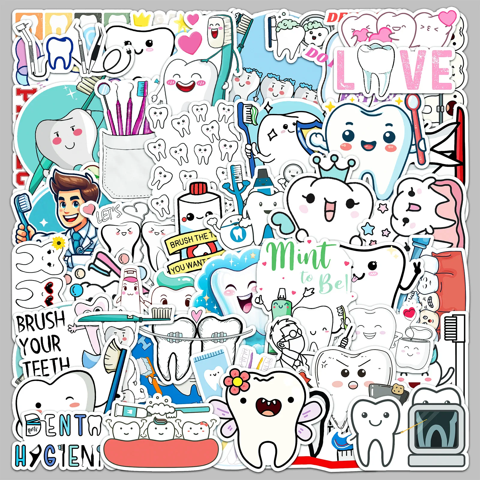 50pcs Cartoon Teeth Care Series Graffiti Stickers Suitable for Helmet Desktop Wall Decoration DIY Sticker Package Wholesale