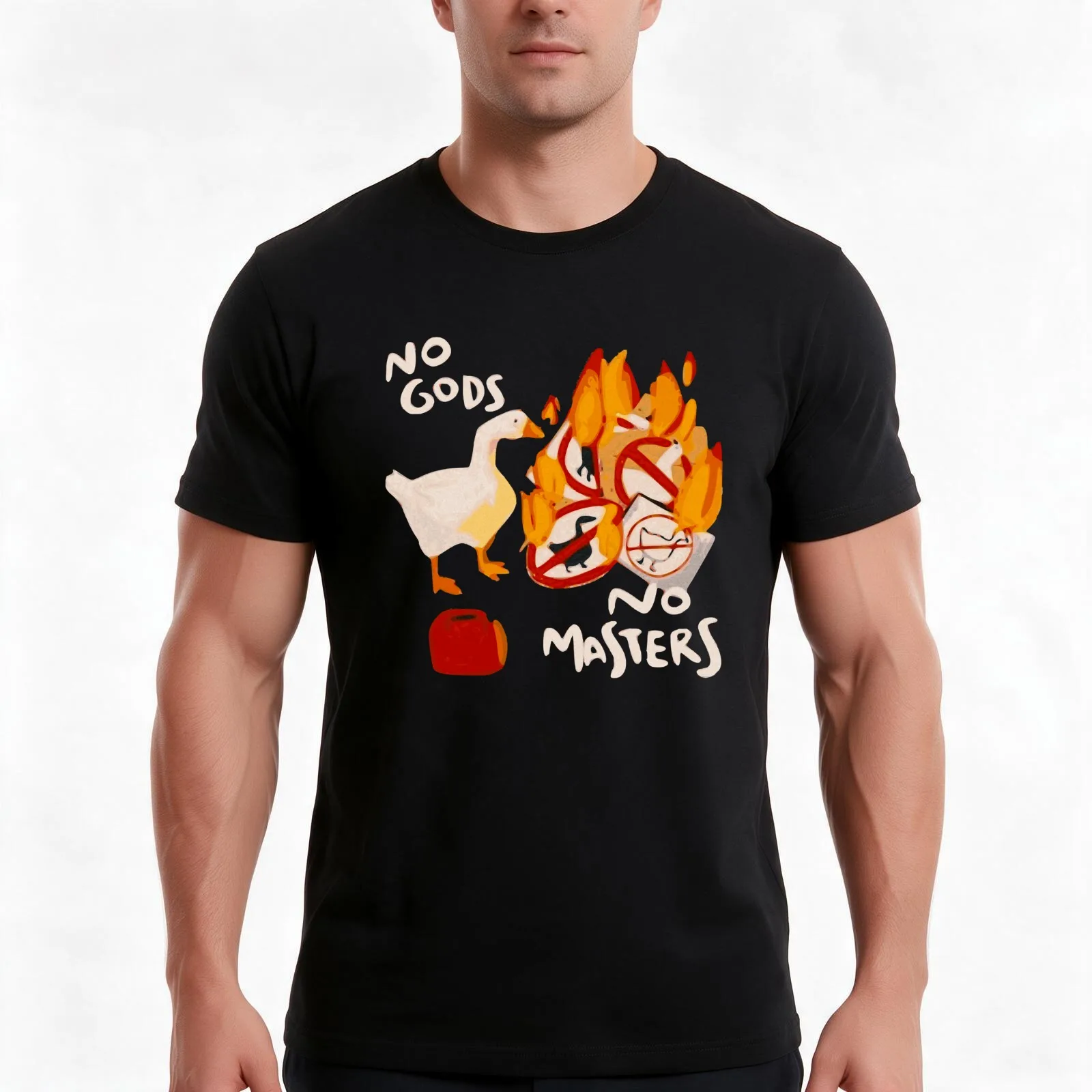 Untitled Goose Game - No God, No Masters T-Shirt, Summer Casual Cotton Tee, Oversized Streetwear Tops, Vintage Graphic Print