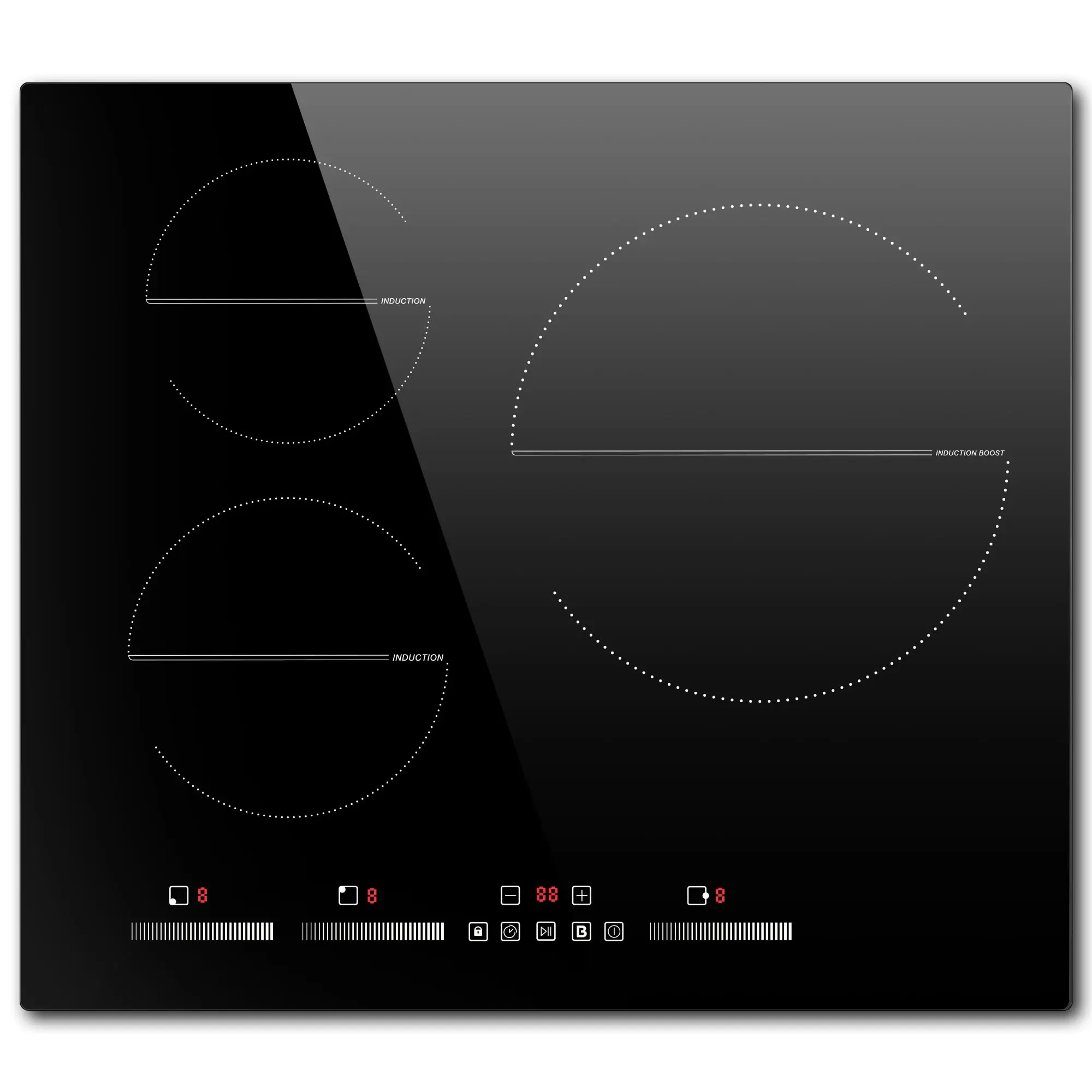 NOXTON Induktionskochfeld 60 cm, Installation mit Booster, selbst ausreichendes Induktionskochfeld, 3 Platten mit Schieber, 220–240 V, 6500 W, Nr