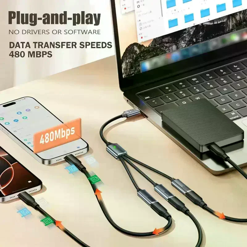 /Type C Splitter Cable 3 In 1 Multi Ports Male To Female Adapter Cord Charging Cable 480Mbps High-speed Data Transfer Wire USB