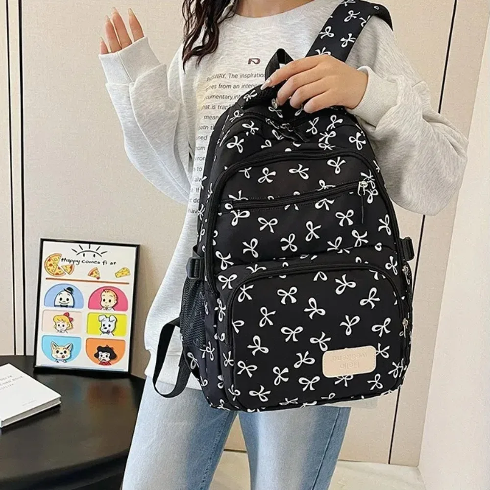 3 Pcs/Set Cute Large Capacity Bow Backpack Nylon Adjustable Strap Student Backpack Bow Print School Bag