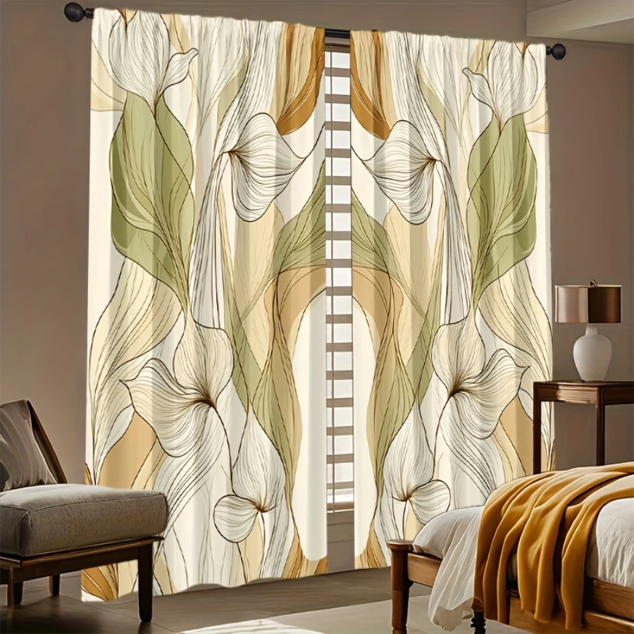 2PCS Digital Printed Curtains, Line Art Calla Lily Minimalist Floral, Window Treatments for Living Room Bedroom Home Decoration