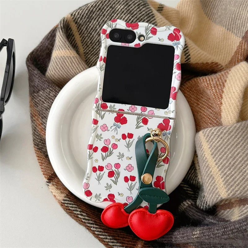 Custodia per telefono fiore pittura a colori per Samsung Galaxy Z Flip 6 5 4 3 Cover con custodie in silicone con ciondolo ciliegia per Z Flip4 Flip6 5G