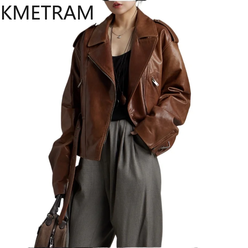 KMETRAM 100% cera d'olio giacca di pelle di pecora donna corta moto giacche in vera pelle donna autunno abbigliamento donna 2025 дубл onderка