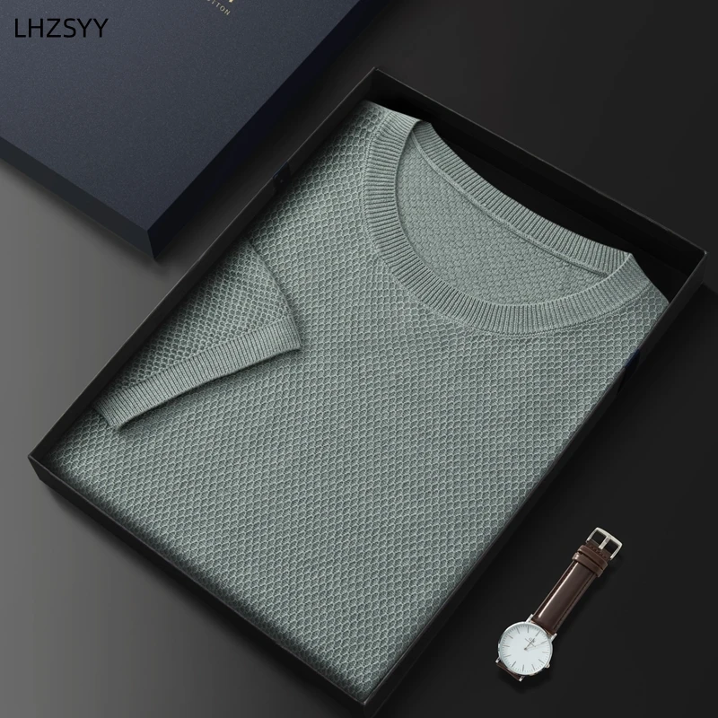 

LHZSYY High-end Worsted 15%Cashmere 85% Mulberry silk Short Sleeve T-shirt Summer Men's New Pullover Half Sleeve Thin Youth Tops