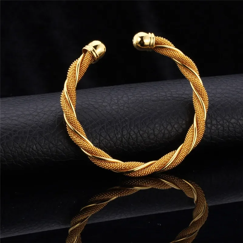 U7 Twisted Braiding Net Cable Cuff Bangle Bracelet Trendy Gold/Silver Color Jewelry 6cm Diameter Round Adjustable Size QC24