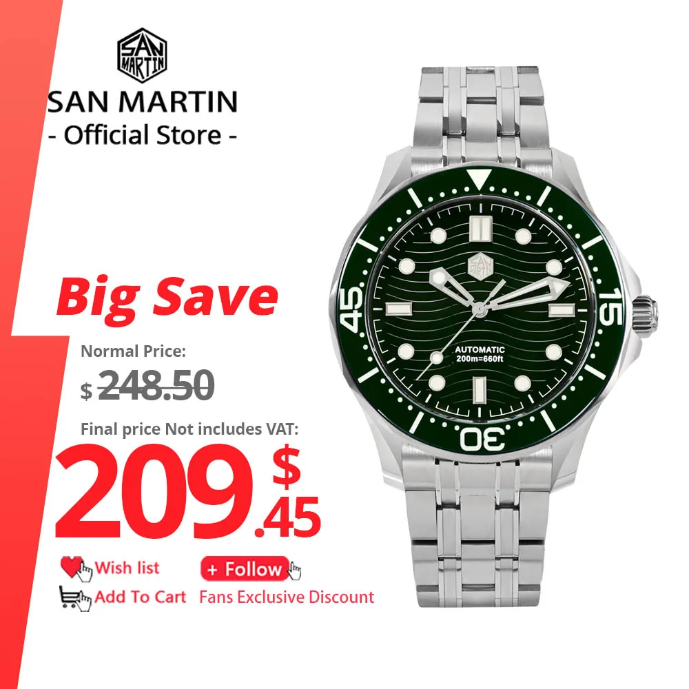 

San Martin 42mm Stainless Steel Men Luxury Diver Watch YN55 Automatic Mechanical Sapphire BGW9 Full Luminous 20Bar Waterproof