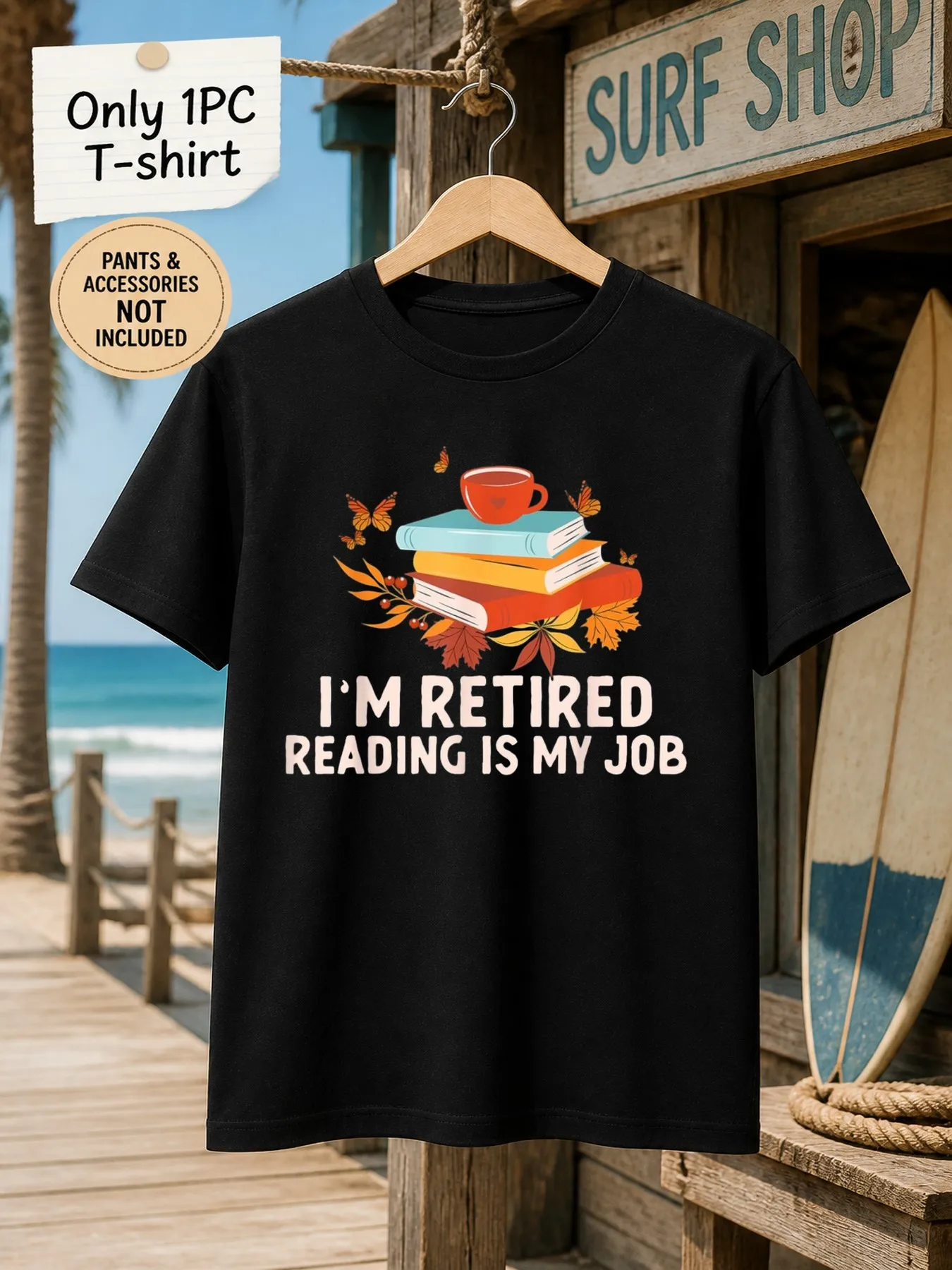 1pc Men'S Graphic T-Shirt I'M Retired Reading Is My Job Book Coffee Cup Butterfly Fall Leaves Print Short Sleeve Crew Neck