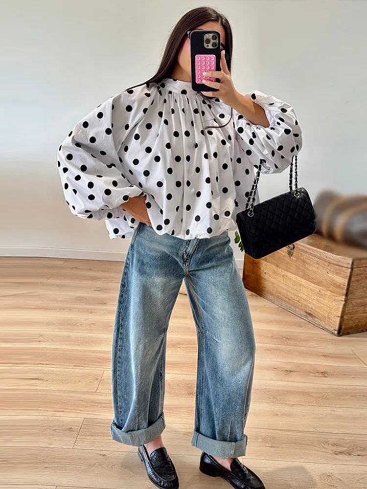 Wave Point Lace Up Women's Shirt Loose Long Sleeve O-neck Backless Fold Female Tops 2026 Spring Summer Fashion Lady Tops