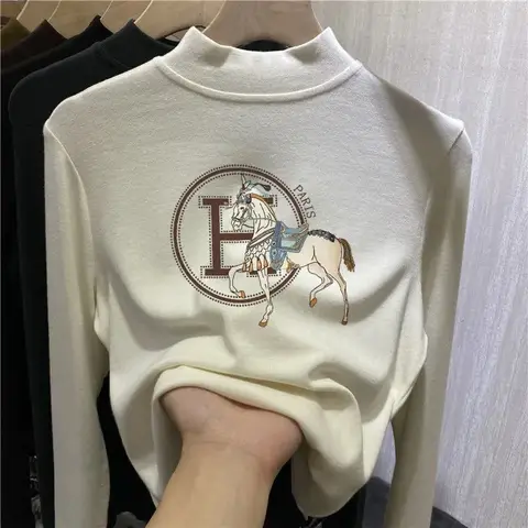 Fleece Half Polo/turtle Neck Base Layer Top Women's Clothing Autumn/winter Style Thickened Warm Sleeves T-shirt Inner Top