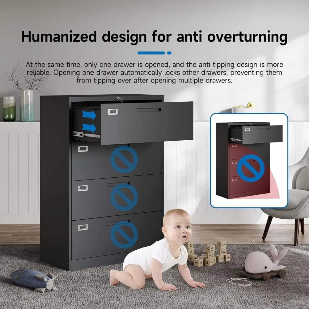 خزانة ملفات بأربعة أدراج مع قفل معدني، خزانة ملفات جانبية للمكتب والمنزل، خزانة ملفات جانبية من الفولاذ، تخزين عالي التحمل مع Uniiver