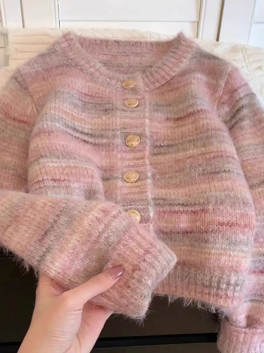 Sweet Girl Fashion New Autumn Winter Pink Striped Mohair Knitting Cardigan For Women Round Collar Single Breasted Sweater Coats