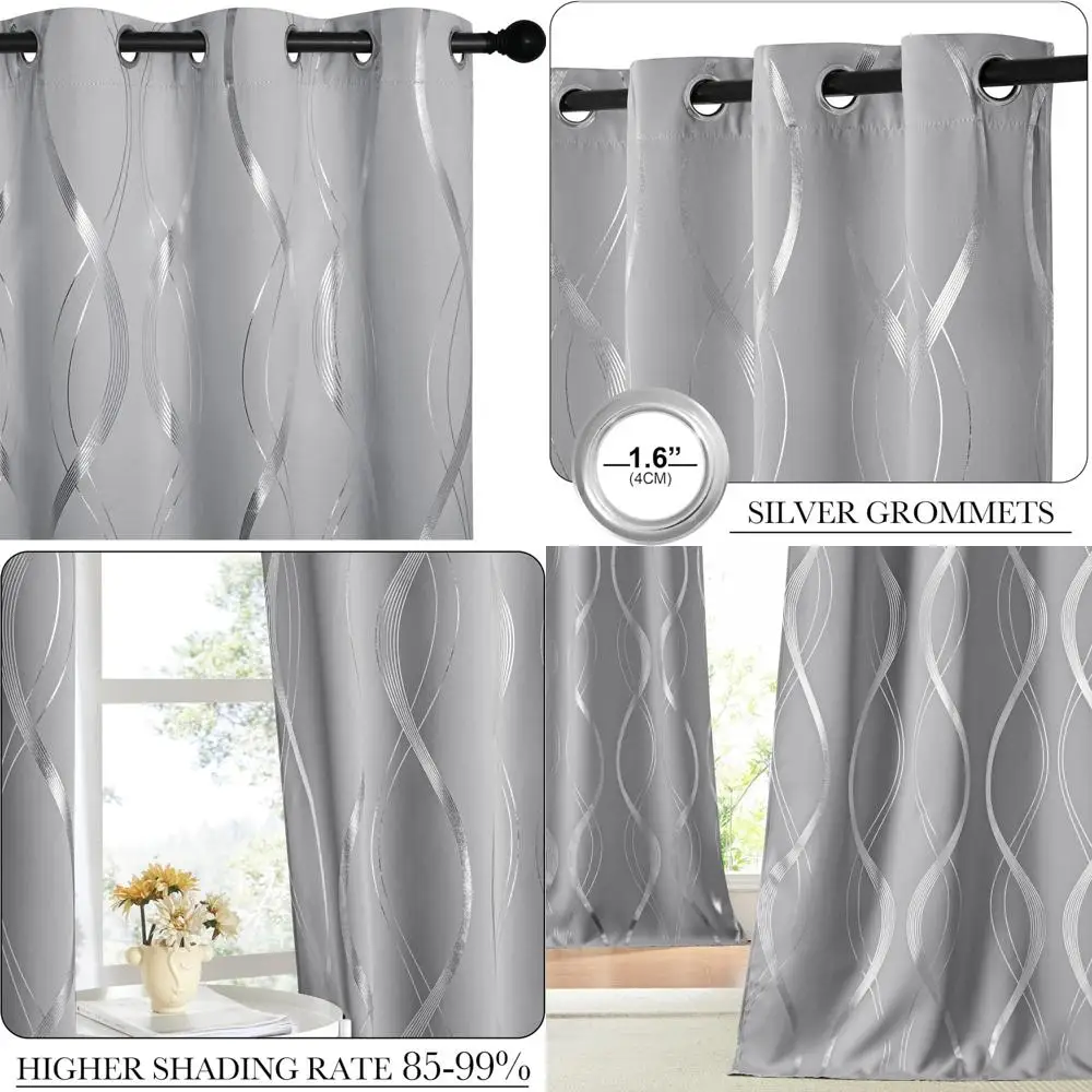 

Silver Grey Blackout Curtains for Bedrooms, 52 x 84 - Noise Reduction & Thermal Insulation with Wave Line Foil Print Design