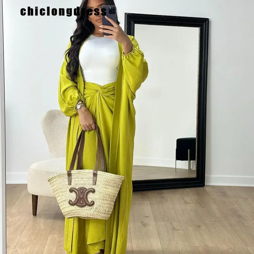 Autumn Winter Fashion Two Piece Set Muslim Women Elegant Solid Long Cardigan Twisted Skirt Two Piece Set Women