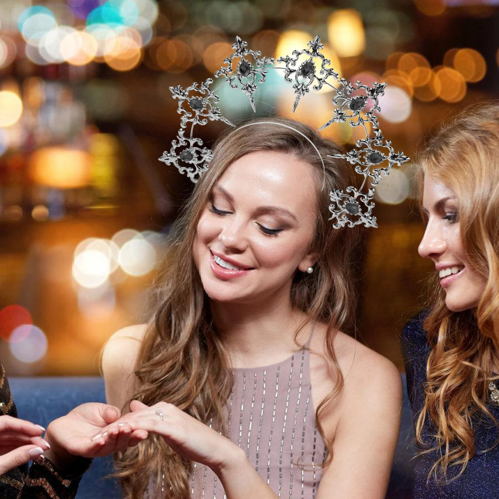 

Dark Headdress Metal Goddess Crown Headband Halos Decorative Hair Clasp Accessories for Women Girls Sturdy Chic Simple