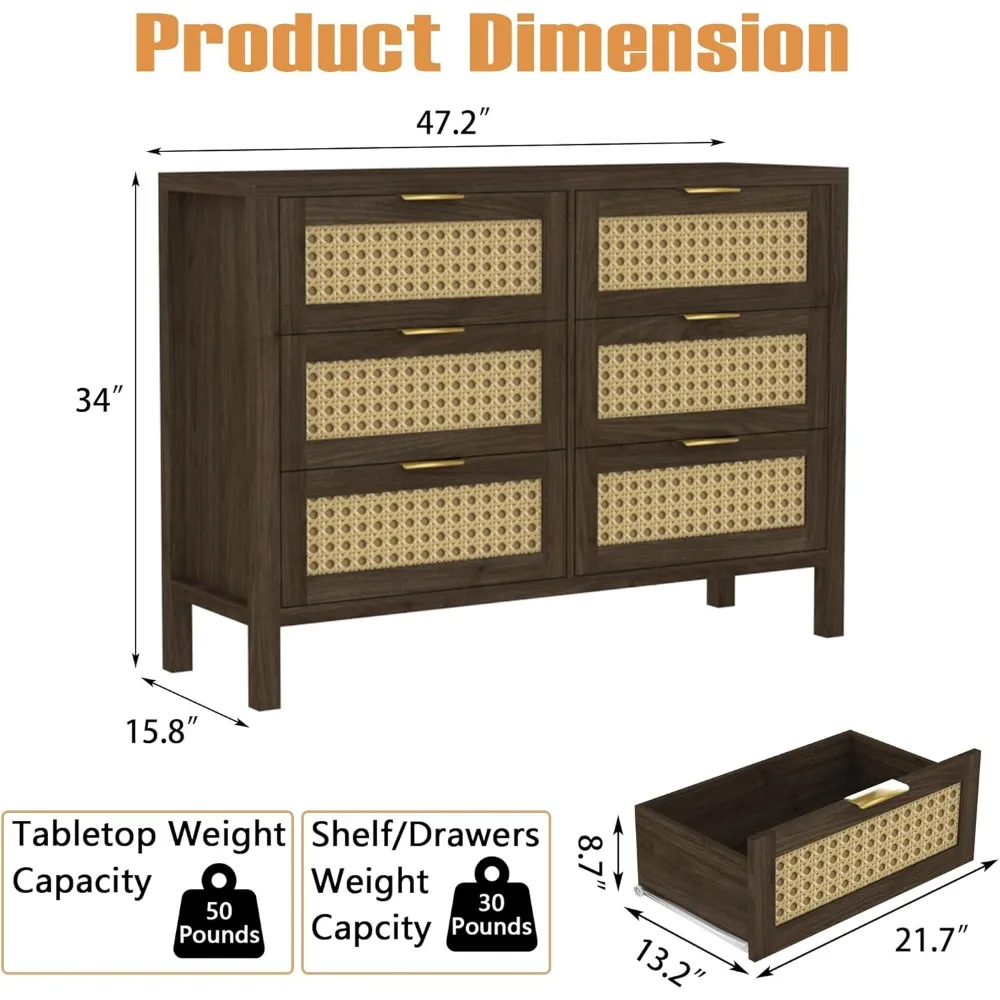 خزانة بلوط أنيقة ذات 6 أدراج مع مقابض ذهبية لغرفة النوم والممر