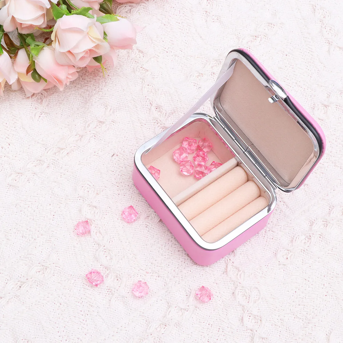 

Mini Jewelry Box Portable Fashionable Organizer for Earrings Necklaces Rings Storage Premium Lint Cloth Protection Pink Jewelry
