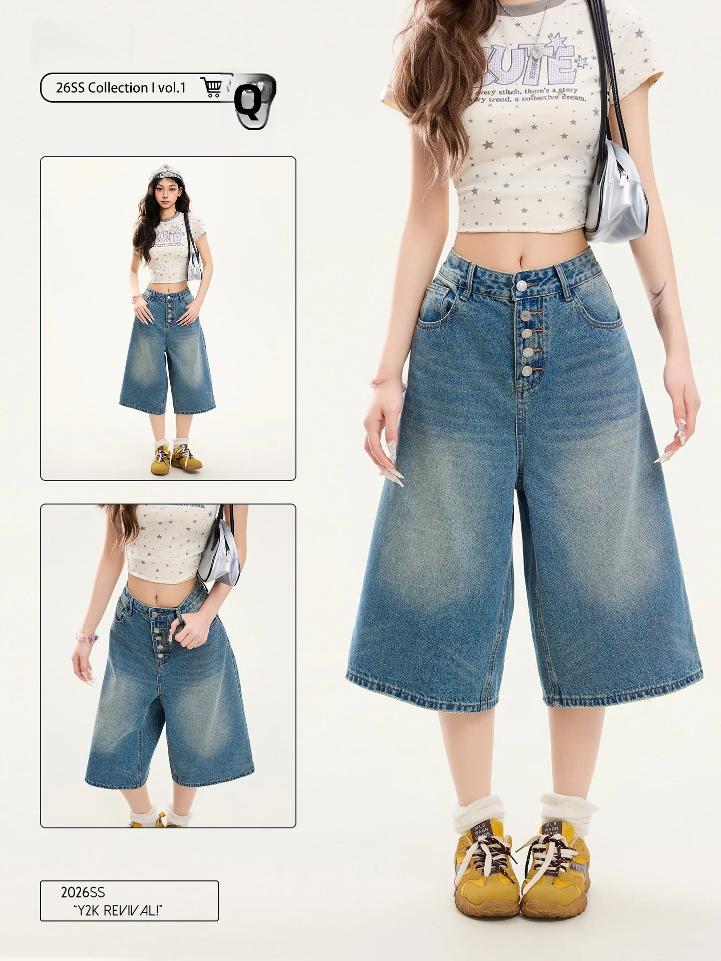 

PBB American Retro Washed Bamboo Texture Seven-Five Straight Leg Jeans Women Loose Commute High Waist Wide Leg Shorts Summer