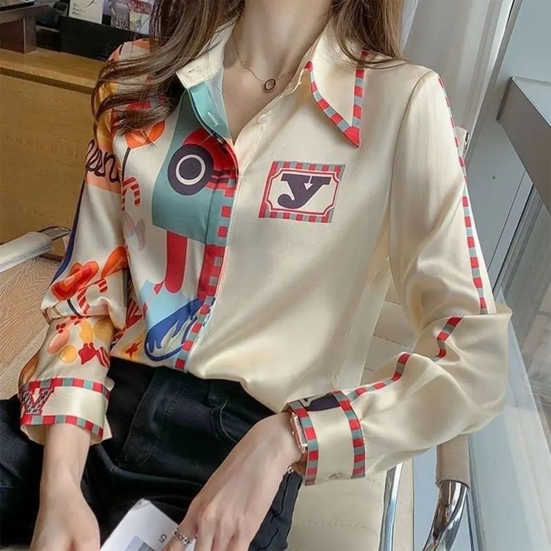 Stylish Casual Letter Printed Blouse Spring Autumn New Loose Long Sleeve Female Clothing Single-breasted Commute Polo-Neck Shirt