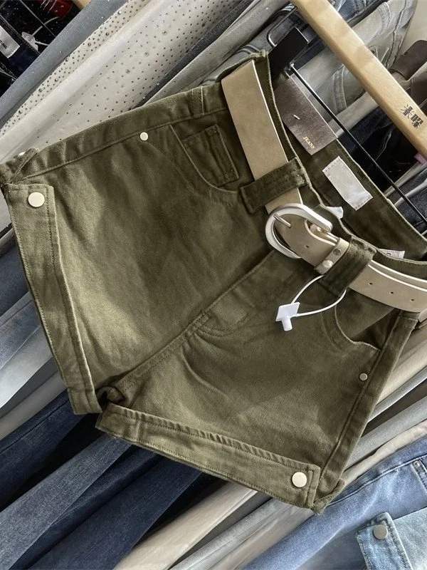 American Retro High Waist Jeans Shorts Green Belted Cuffed Hem Versatile plus Size Women's Comfortable Breathable Summer Pants