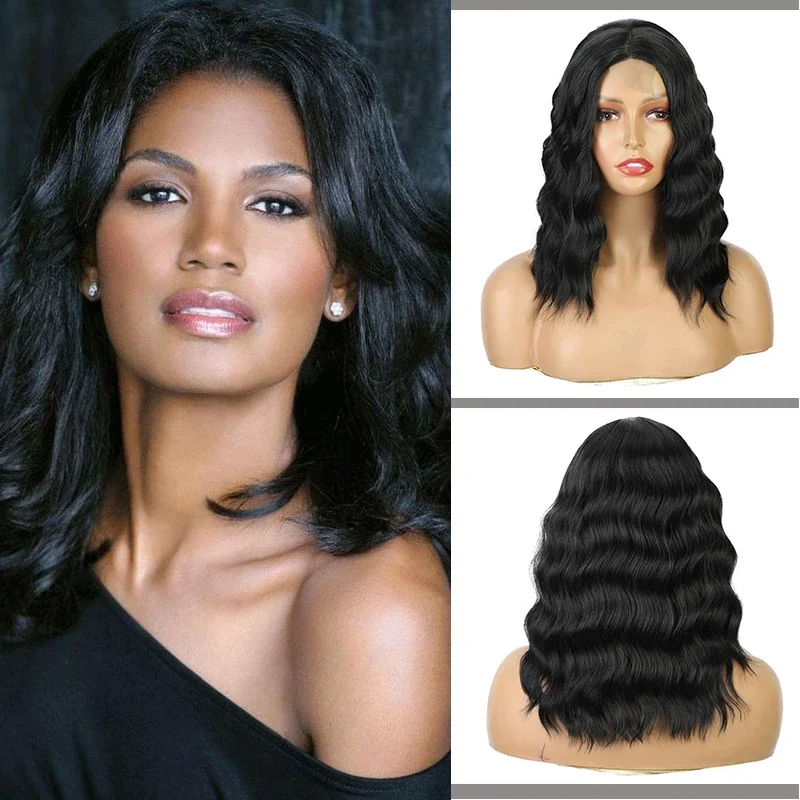 

Black Short Bob Wavy Wigs 14inch Synthetic Middle Part Natural Wave Wigs for Women Cosplay Wig Heat Resistant Daily Used Hair