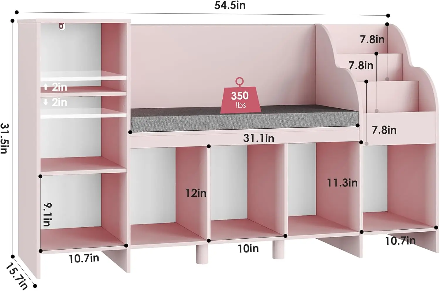 Angolo di lettura per bambini, libreria e libreria per la scuola materna con panca, Organizer per scaffale per libri con cuscino del sedile e 6 Cubbies