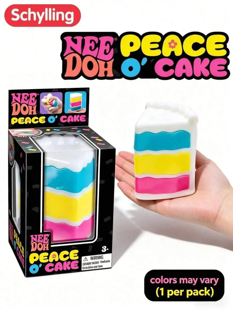 Schylling NeeDoh Peace Cake, Extremely Soft Toy, Vintage Hippie 3D Rainbow Layered Cake Slice With Cream Top And Transparent Jel