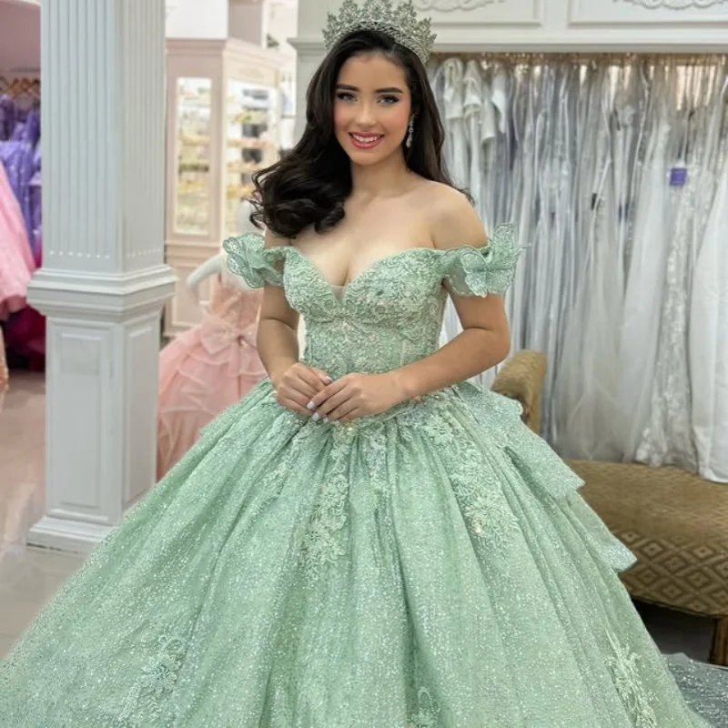 

Customized Shiny mint green Quinceanera Dresses Off the Shoulder applique Long tail Lace Bow Vestido 15 Quinceanera