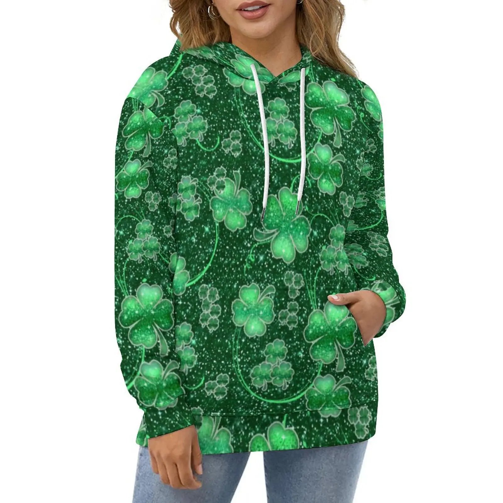 

Glittering Shamrock Casual Hoodies Abstract Leaves Print Y2k Loose Hoodie Winter Long-Sleeve Street Style Oversized Sweatshirts