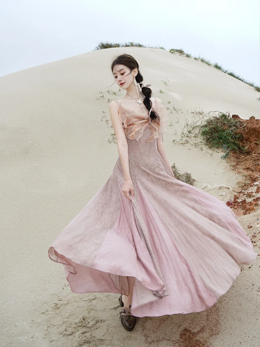 

Летнее розовое платье ONMOON Fairy из окрашенного шелка, романтичное, с пышной юбкой, завышенной талией и застежкой-молнией, длинное