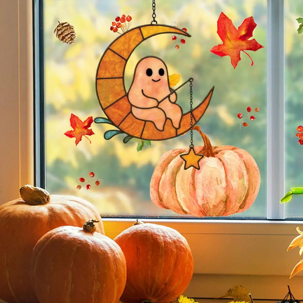 إكسسوار غرفة ساحرة شبح ضوء الماسك مخيف هالوين Suncatcher مجموعة شبح القط الأسود الزجاج الملون الحلي للجدار