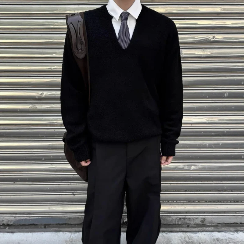 سلع عالية 「Wool Blend」 سترة صوفية ذات ياقة V للرجال، للخريف والشتاء، نمط كسول، ملابس تريكو ملونة