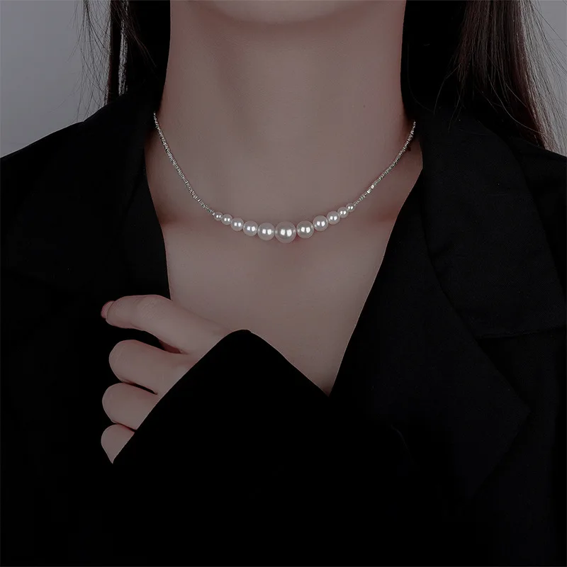 925 Sterling Silver Pearl Necklace 9/7MM Dainty Round Imitation Pearl Choker Necklace Delicate Jewelry For Women Wedding Gift