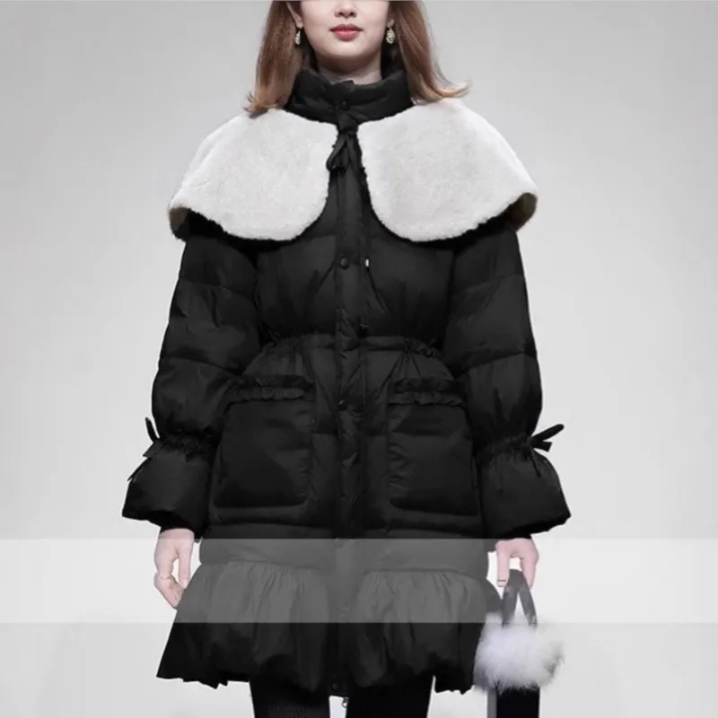 Winter New Arrival Women's Mink-Trimmed Lantern Sleeve Waist-Cinched A-Line Ruffle White Duck Down Jacket Coat