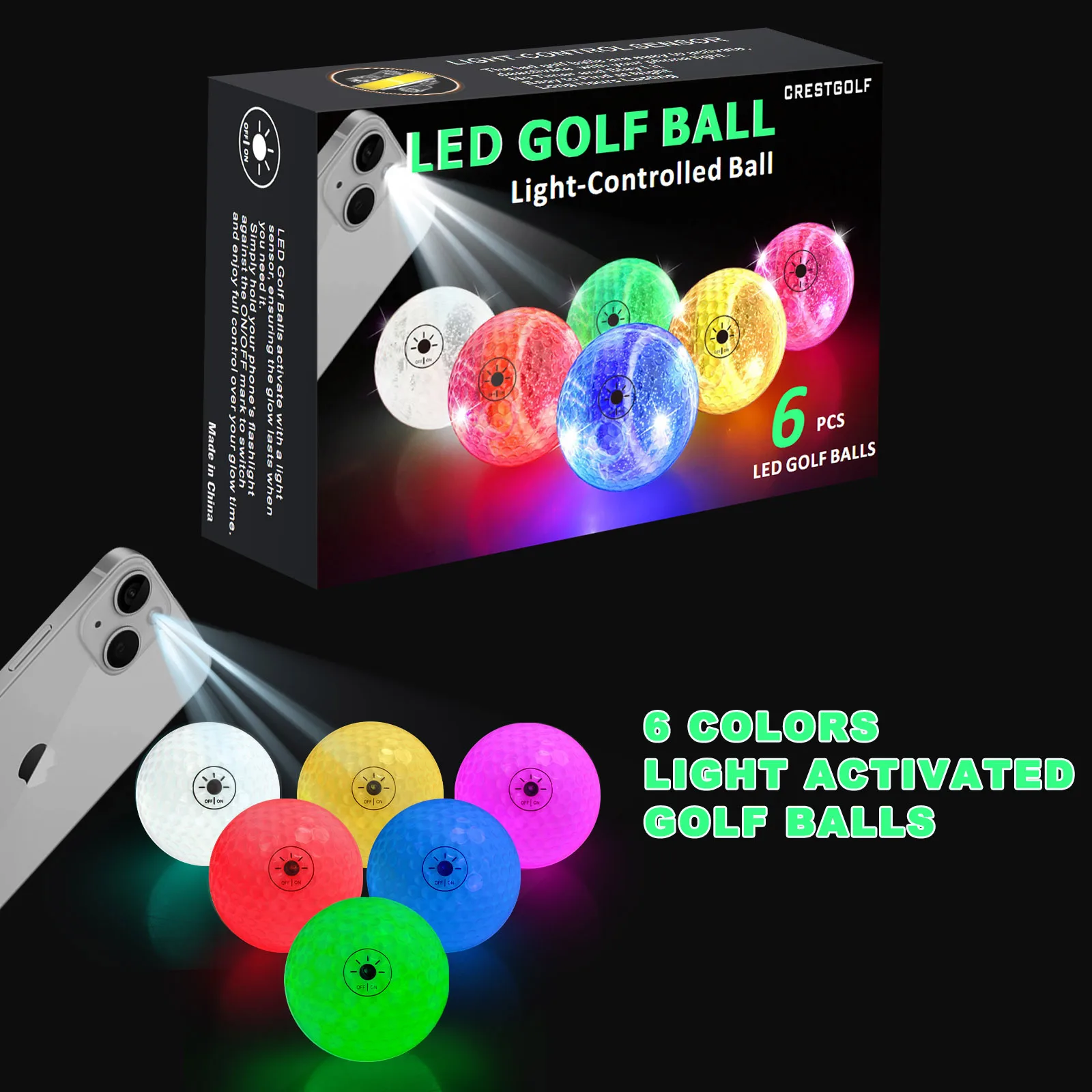 

Glow in The Dark Golf Balls Light Activated 6-Color LED Night Balls and Storage Bag Funny Golf Gift Gift