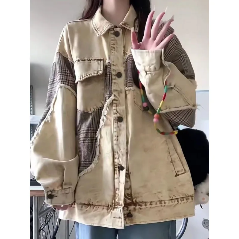 American retro denim jacket women's spring and autumn design sense niche loose casual versatile splicing trendy jacket top