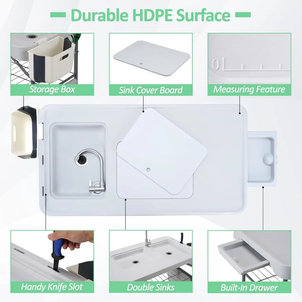 Buiten Visreinigingstafel Draagbaar Camping Wastafel Station Met Dubbele Spoelbak, Inklapbare Draaikraan, Picknick Gootsteen Tafel